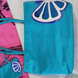 NEW Large Beach Tote Bag Butterfly Summer Living Turquoise Blue Canvas 2pc set